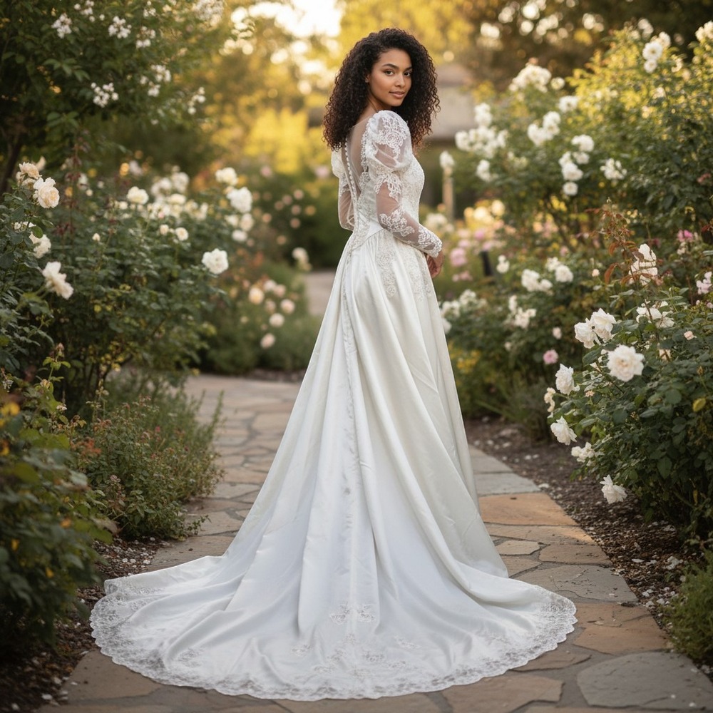 Vintage 80s Hand Made Wedding Dress Women Sz S White Lace Satin Beaded Cathedral
